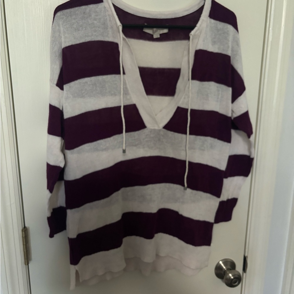 Loft Purple and White Striped V-Neck Sweater